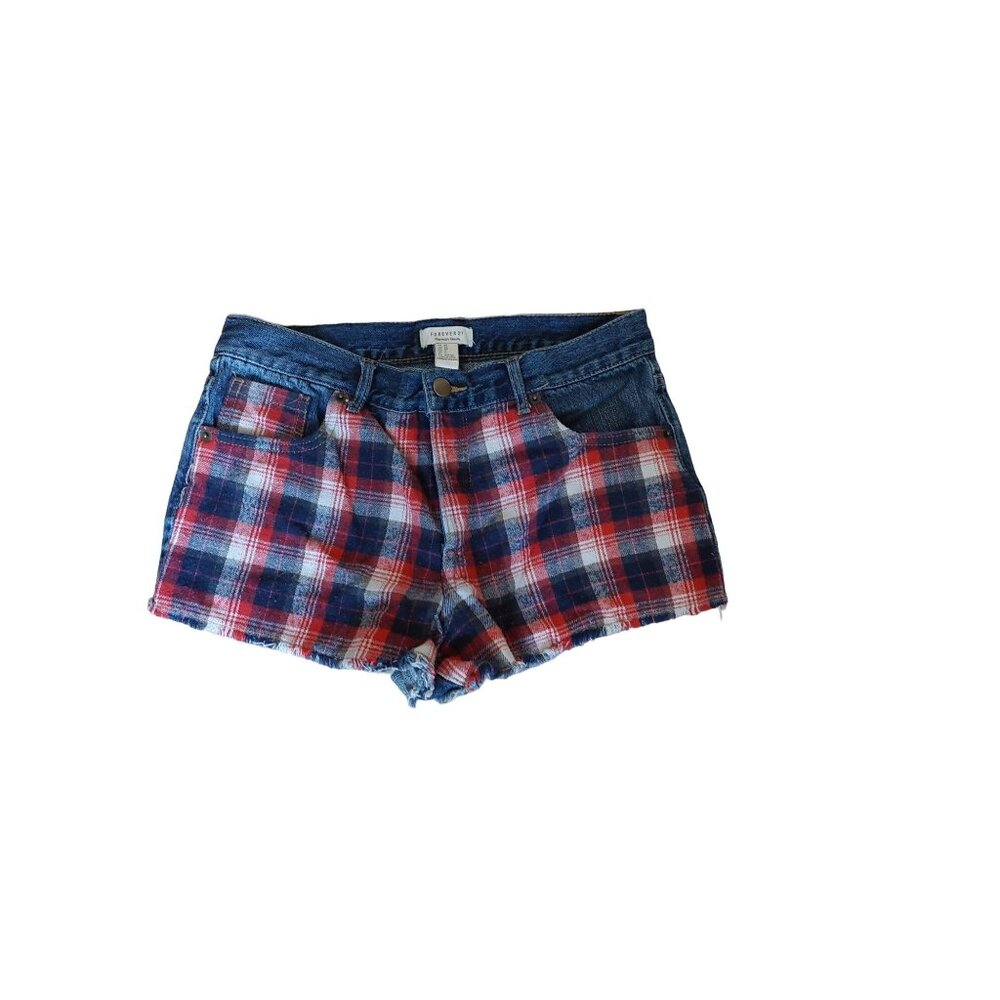 Forever 21 Plaid Denim Shorts L Red/Blue Checkered Pattern Womens Summer Style